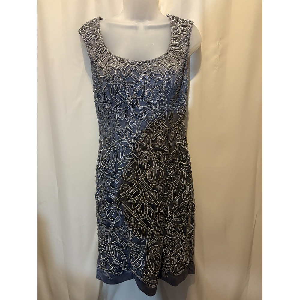 Sue Wong Gray Embroidered Ribbon Flowers Sleeveless Cocktail Dress Sz 8